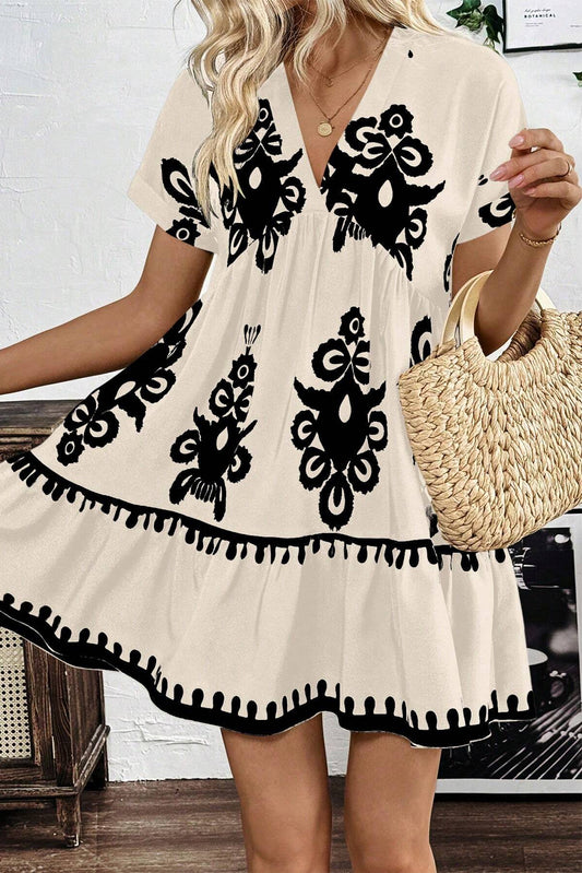 Black Vintage Print V Neck High Waist Short Sleeve Dress Mini Dresses JT's Designer Fashion