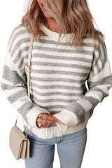 Gray Stripe Drop Shoulder Crew Neck Sweater Sweaters JT's Designer Fashion