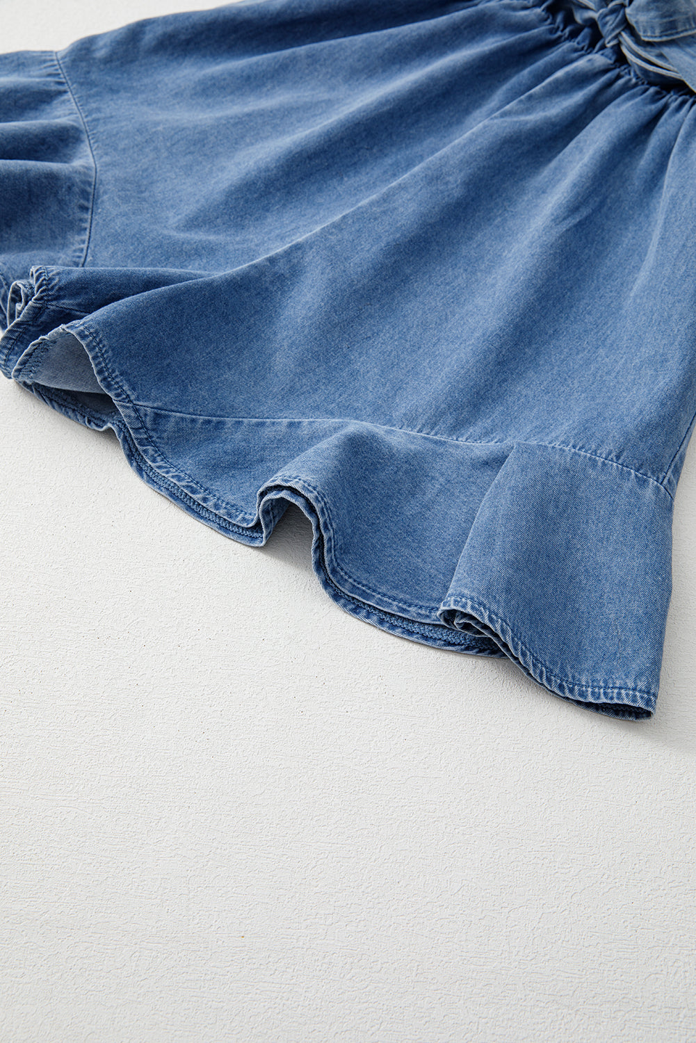 Ashleigh Blue Spaghetti Straps V Neck Belted Ruffled Leg Chambray Romper Bottoms JT's Designer Fashion