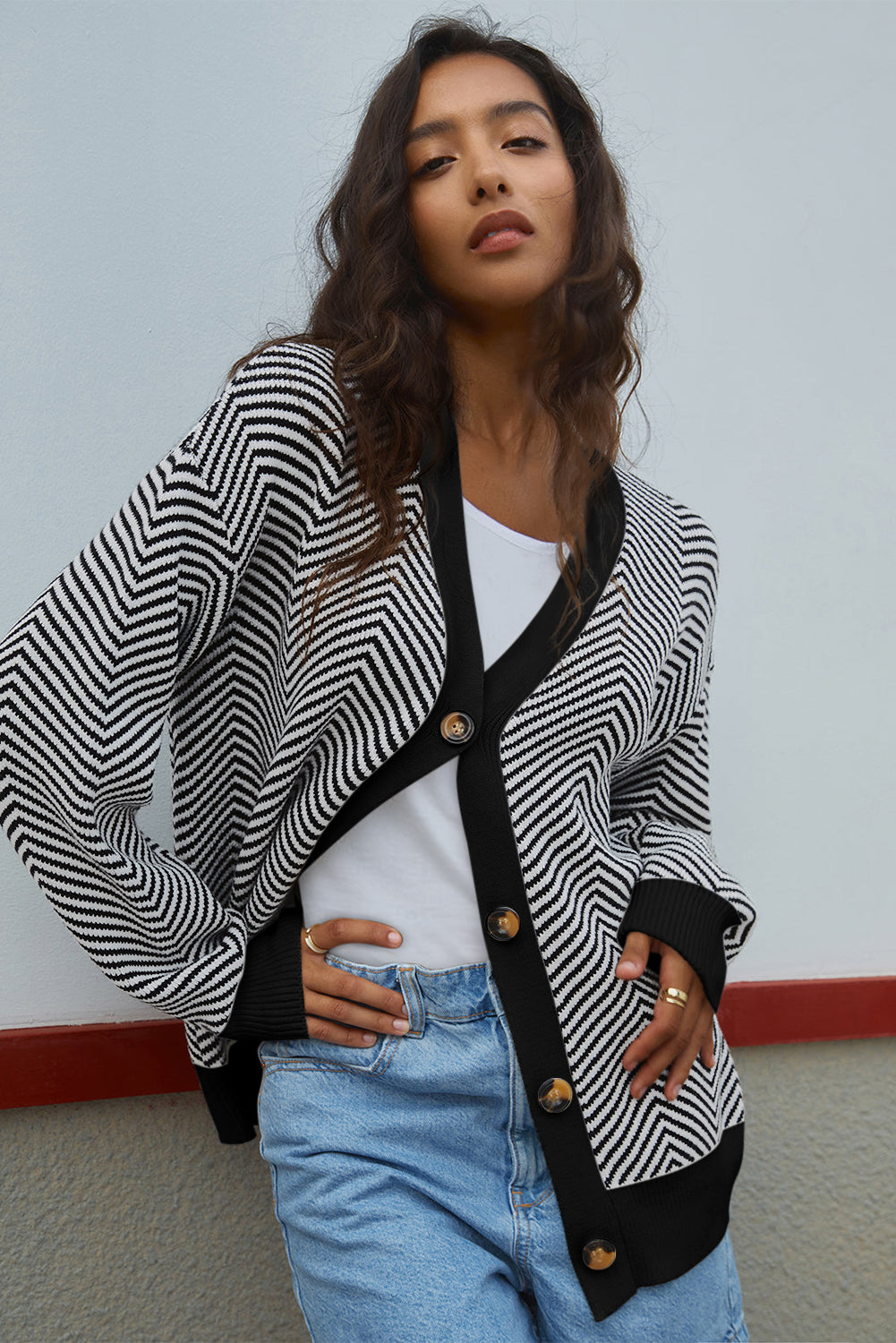 White Stripe Buttoned Front V Neck Herringbone Cardigan Cardigans JT's Designer Fashion