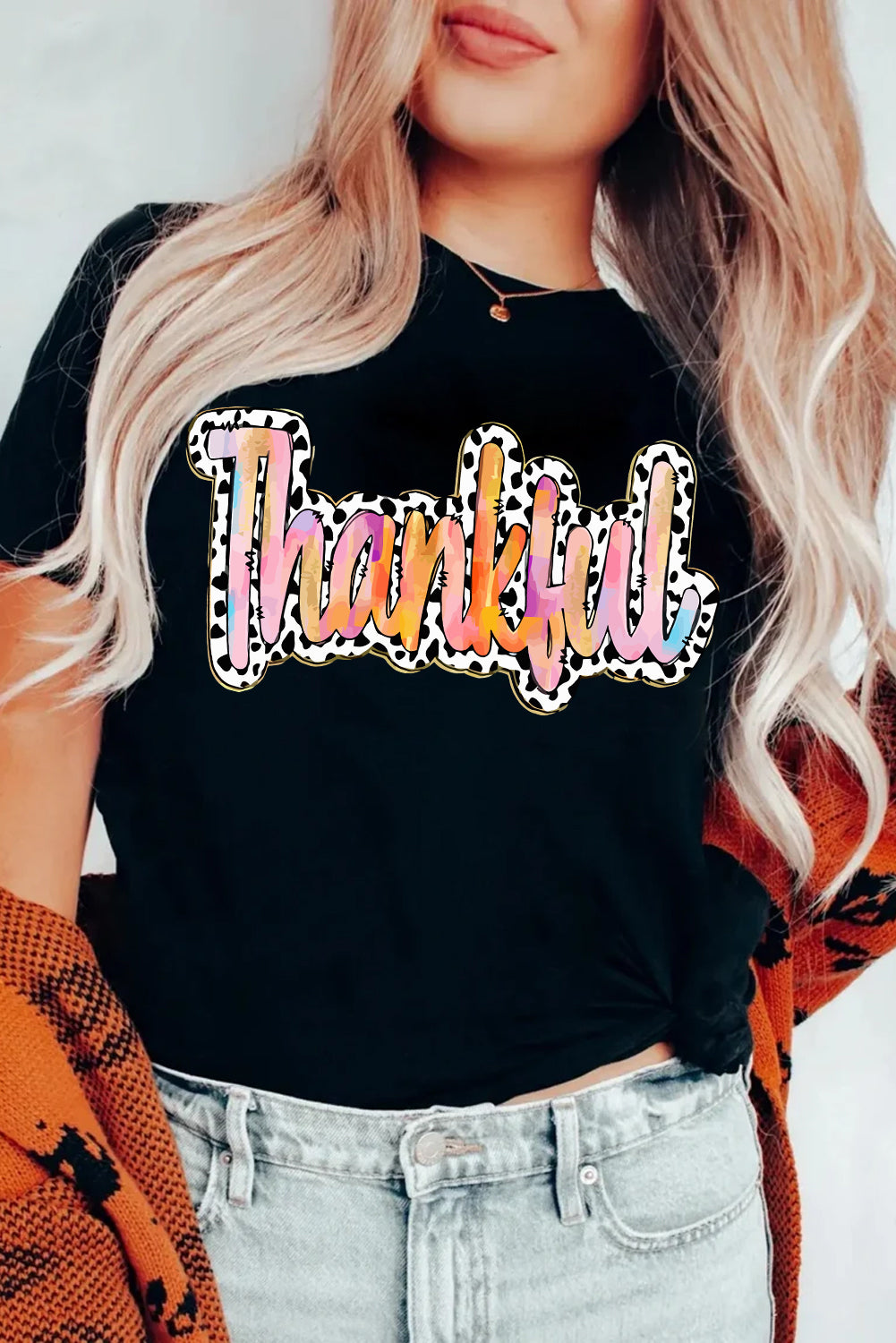 White Thankful Cow Print Crew Neck T Shirt Graphic Tees JT's Designer Fashion