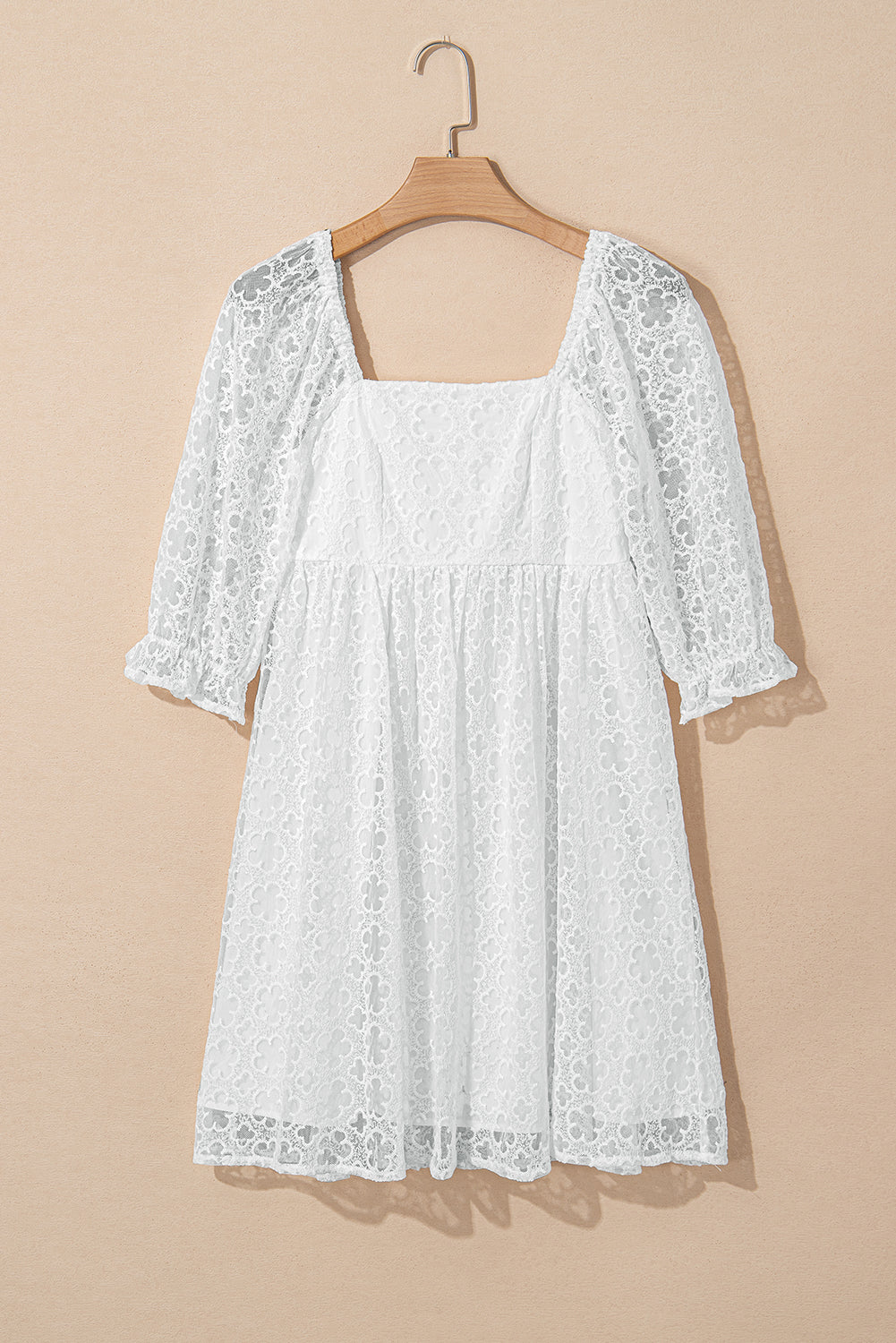 White Floral Lace Puff Sleeve Empire Waist Mini Dress Mini Dresses JT's Designer Fashion