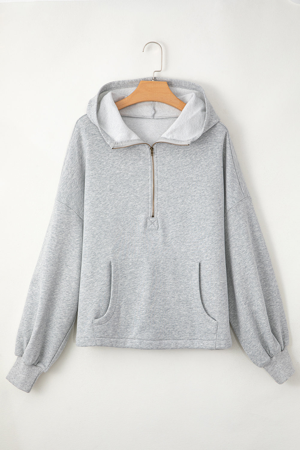 Light Grey Fleece Lined Half Zipper Kangaroo Pockets Loose Hoodie Sweatshirts & Hoodies JT's Designer Fashion