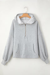 Light Grey Fleece Lined Half Zipper Kangaroo Pockets Loose Hoodie Sweatshirts & Hoodies JT's Designer Fashion