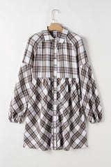 White Plaid Bubble Sleeve Flowy Shirt Dress Mini Dresses JT's Designer Fashion