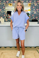 Sky Blue Stripe Dolman Sleeve Polo Shirt and Drawstring Shorts Set Short Sets JT's Designer Fashion