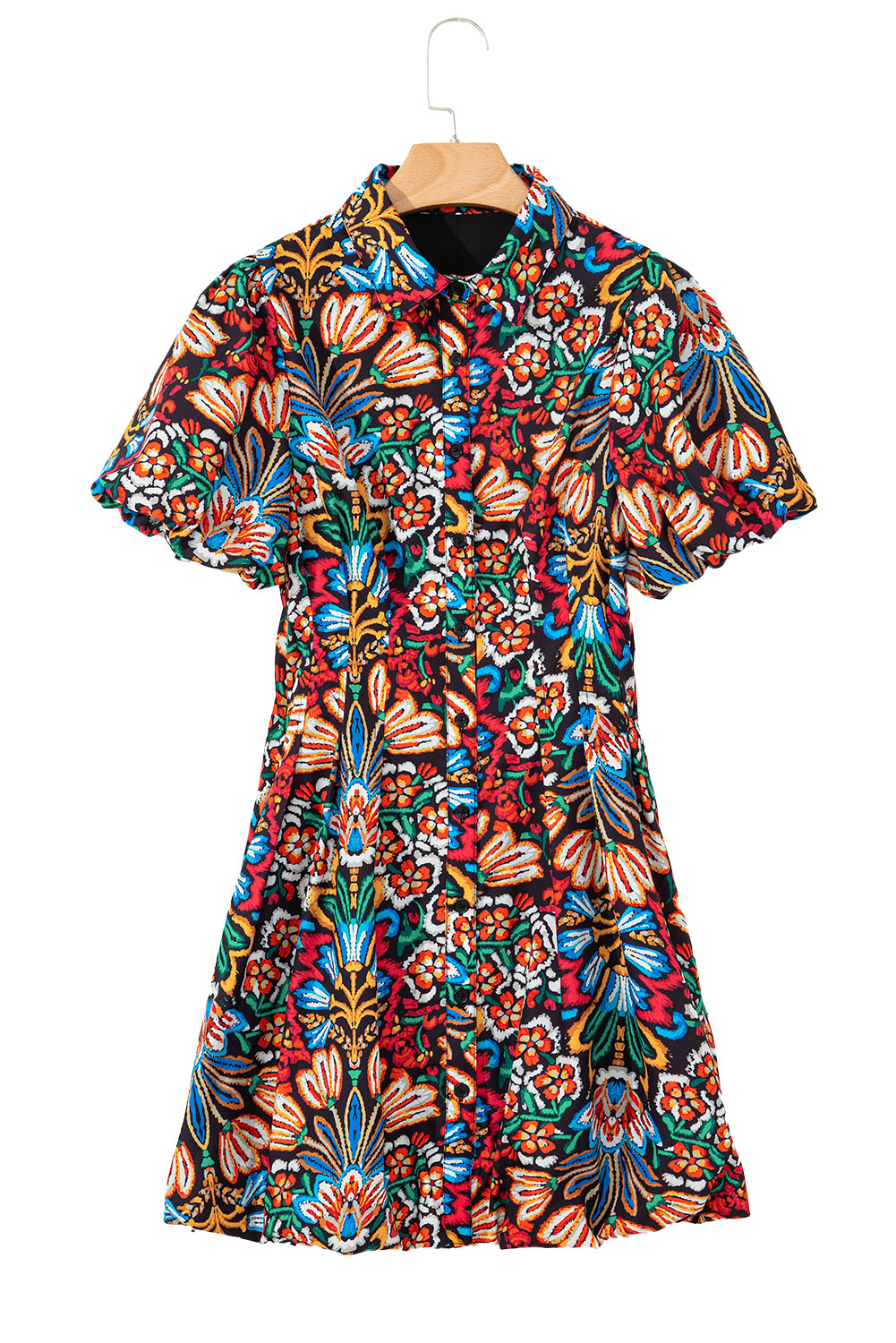 Multicolour Floral Puff Short Sleeve Shirt Mini Dress Mini Dresses JT's Designer Fashion