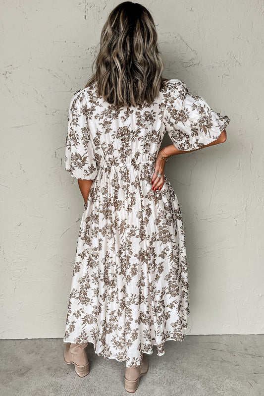 Khaki Floral Puff Sleeve V Neck Buttoned Front Long Dress Maxi Dresses JT's Designer Fashion