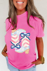Sachet Pink Flag Pattern Boots Bow Accent Casual Graphic Tee Graphic Tees JT's Designer Fashion