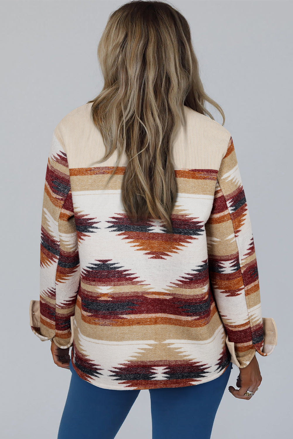 Multicolour Western Aztec Striped Patchwork Double Flap Pocket Raw Hem Shacket Jackets JT's Designer Fashion
