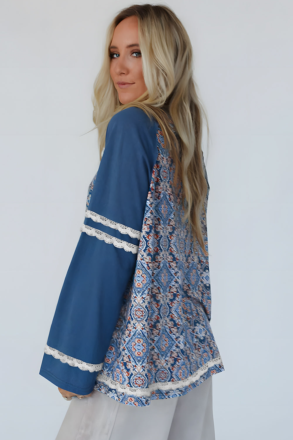 Blue Geometric Printed Lace Patchwork Ric Rac Raglan Long Sleeve Top Long Sleeve Tops JT's Designer Fashion