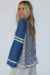 Blue Geometric Printed Lace Patchwork Ric Rac Raglan Long Sleeve Top Long Sleeve Tops JT's Designer Fashion