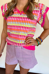 Rose Red Printed Cap Sleeve Ribbed Trim Sweater Rose Red Sweaters & Cardigans JT's Designer Fashion