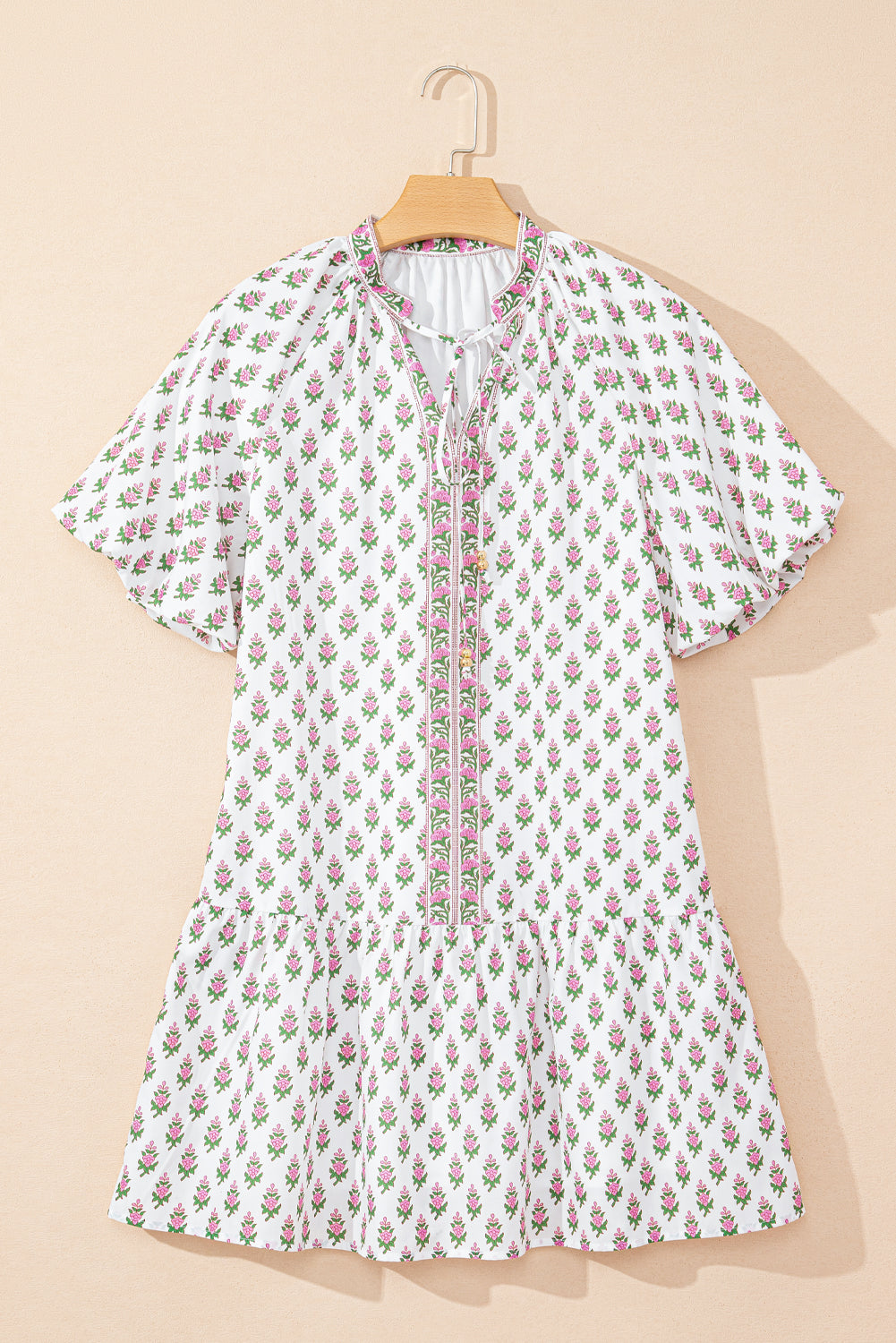 Pink Floral Print Bubble Sleeve Neck Tie Ruffled Dress Floral Dresses JT's Designer Fashion