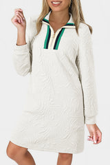 White Jacquard Textured Quarter Zipper Shift Mini Dress White 97%Polyester+3%Elastane Mini Dresses JT's Designer Fashion