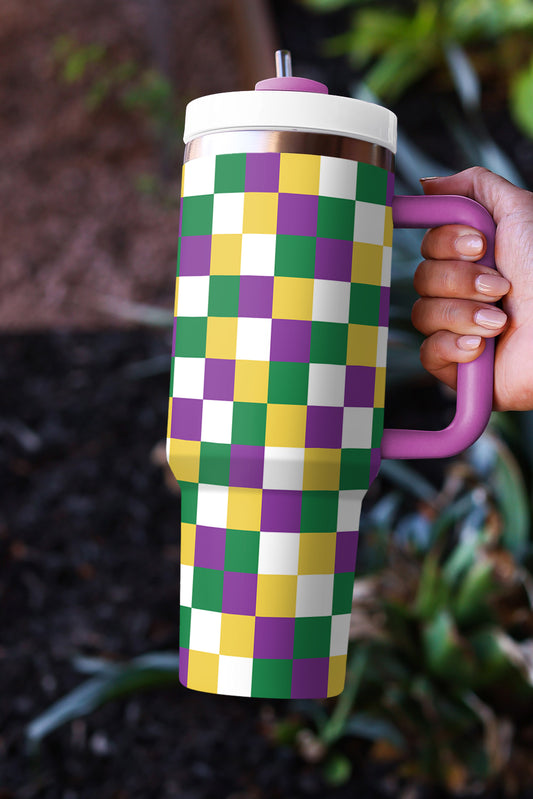Tillandsia Purple Checkered Print Handle Large Vacuum Cup 40OZ Tumblers JT's Designer Fashion