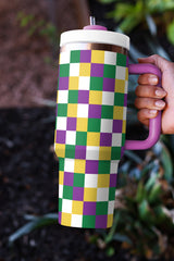 Tillandsia Purple Checkered Print Handle Large Vacuum Cup 40OZ Tumblers JT's Designer Fashion