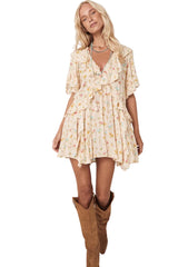 Apricot Boho Floral Tassel Tie V Neck Ruffle Wide Sleeve Mini Dress Floral Dresses JT's Designer Fashion