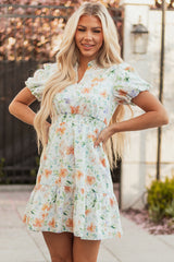 Beige Floral Print Shirred High Waist Puff Sleeve Mini Dress Floral Dresses JT's Designer Fashion