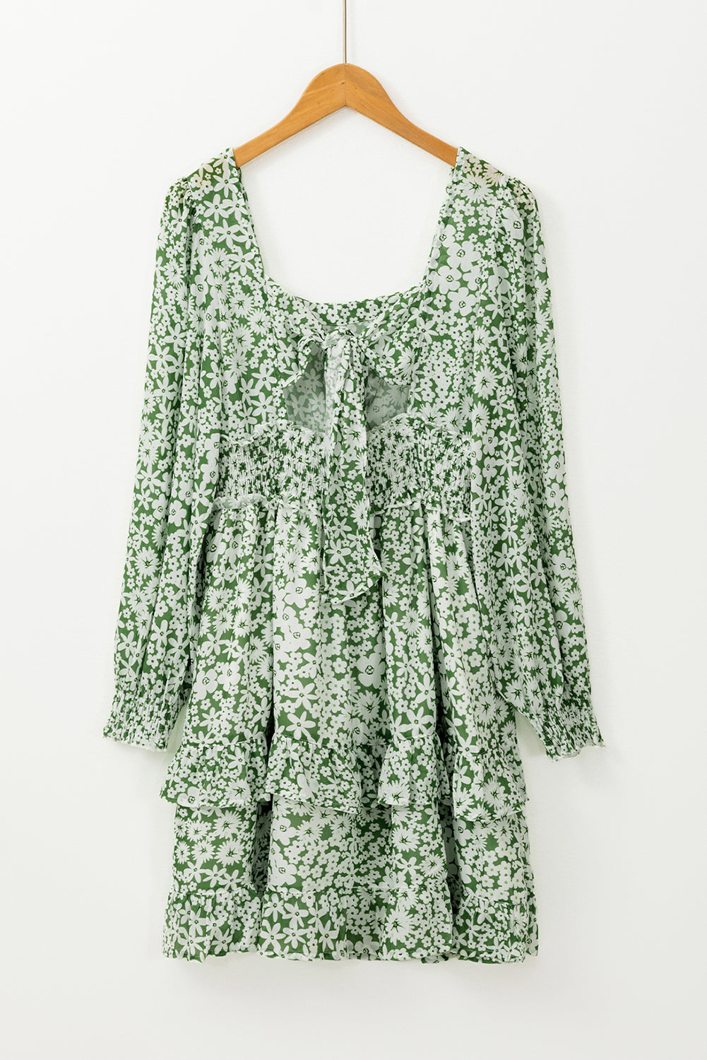 Green Floral Print Square Neck Shirred Waist Tiered Ruffled Mini Dress Floral Dresses JT's Designer Fashion