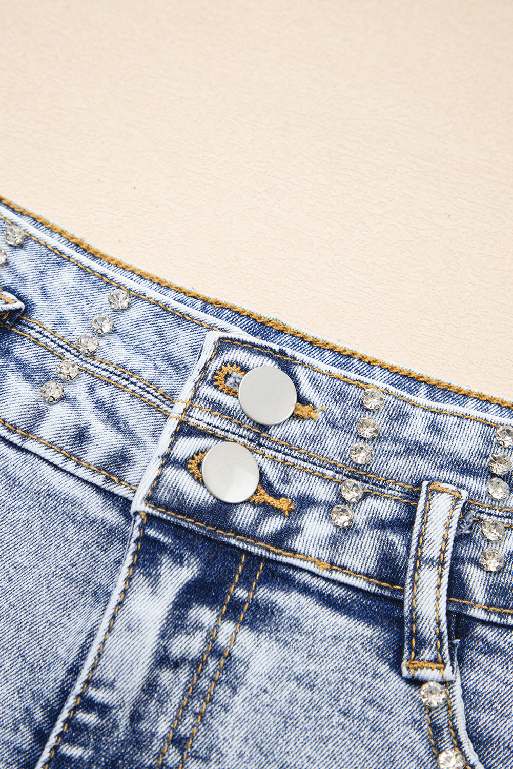 Beau Blue Rhinestone Light Wash Raw Hem High Waist Denim Shorts Denim Shorts JT's Designer Fashion