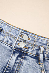 Beau Blue Rhinestone Light Wash Raw Hem High Waist Denim Shorts Denim Shorts JT's Designer Fashion