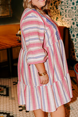 White Stripe Plus Size Embroidered Detail Flared 3/4 Sleeve V Neck Dress Plus Size Mini Dresses JT's Designer Fashion