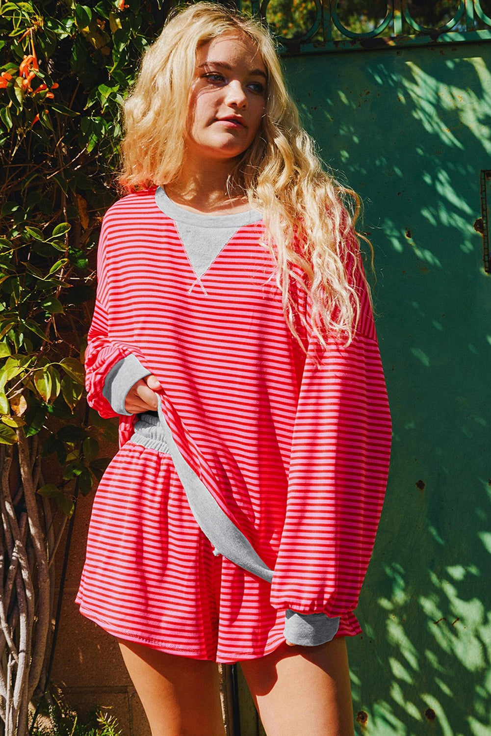 Red Stripe Drop Shoulder Baggy Pullover and Shorts Casual Set Short Sets JT's Designer Fashion