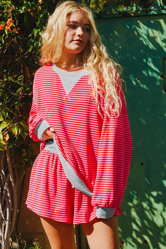 Red Stripe Drop Shoulder Baggy Pullover and Shorts Casual Set Short Sets JT's Designer Fashion