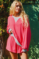 Red Stripe Drop Shoulder Baggy Pullover and Shorts Casual Set Short Sets JT's Designer Fashion