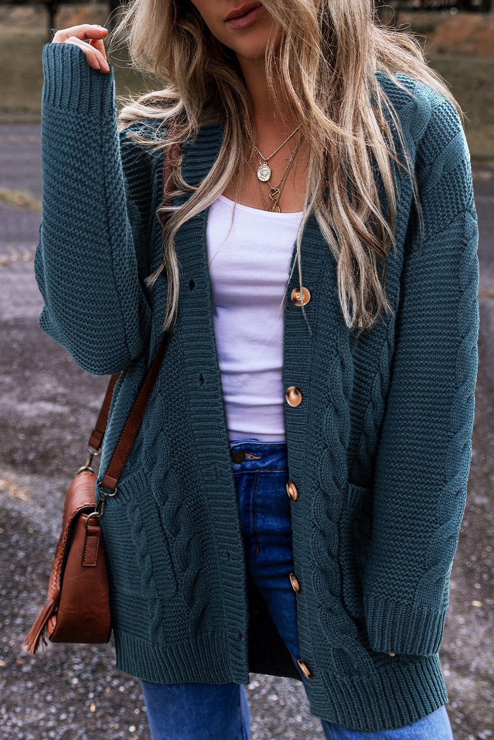 Peacock Blue Cable Knit Button Front Pocketed Baggy Cardigan Peacock Blue 65%Acrylic+35%Polyamide Cardigans JT's Designer Fashion