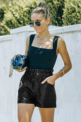 Black Faux Leather Paper Bag Waist High Rise Shorts Casual Shorts JT's Designer Fashion