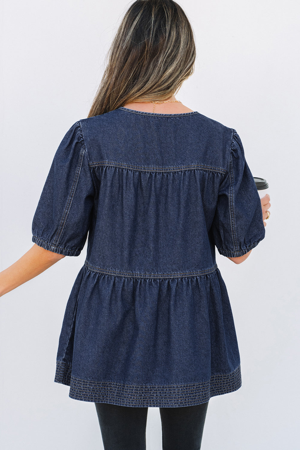 Sail Blue Puff Sleeve Lace-up Neckline Splicing Denim Blouse Blouses & Shirts JT's Designer Fashion