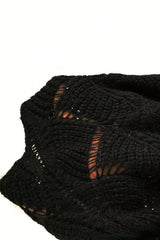 Black Hollow Out Knit V Neck Drop Shoulder Sweater Sweaters JT's Designer Fashion