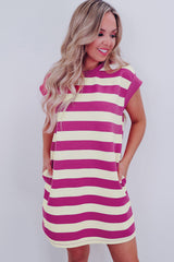 Rose Stripe Cap Sleeve Pocketed Shift T-shirt Dress T Shirt Dresses JT's Designer Fashion