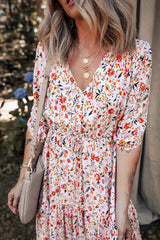 Red Boho Half Sleeve Floral V Neck Maxi Dress Floral Dresses JT's Designer Fashion