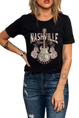 Black Nashville Music City Leopard Guitar Graphic T Shirt Graphic Tees JT's Designer Fashion