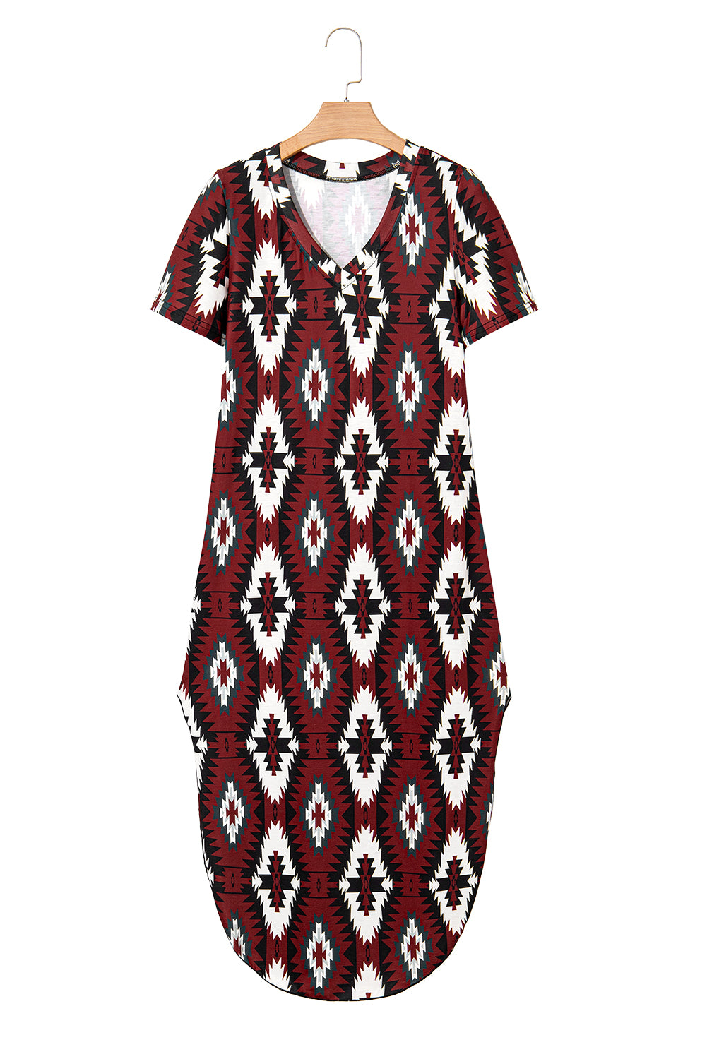 Red Western Aztec Printed Long T-shirt Dress T Shirt Dresses JT's Designer Fashion