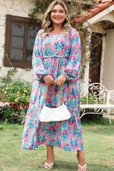 Sky Blue Floral Allover Print Shirred Square Neck Plus Size Maxi Dress Plus Size Maxi Dresses JT's Designer Fashion