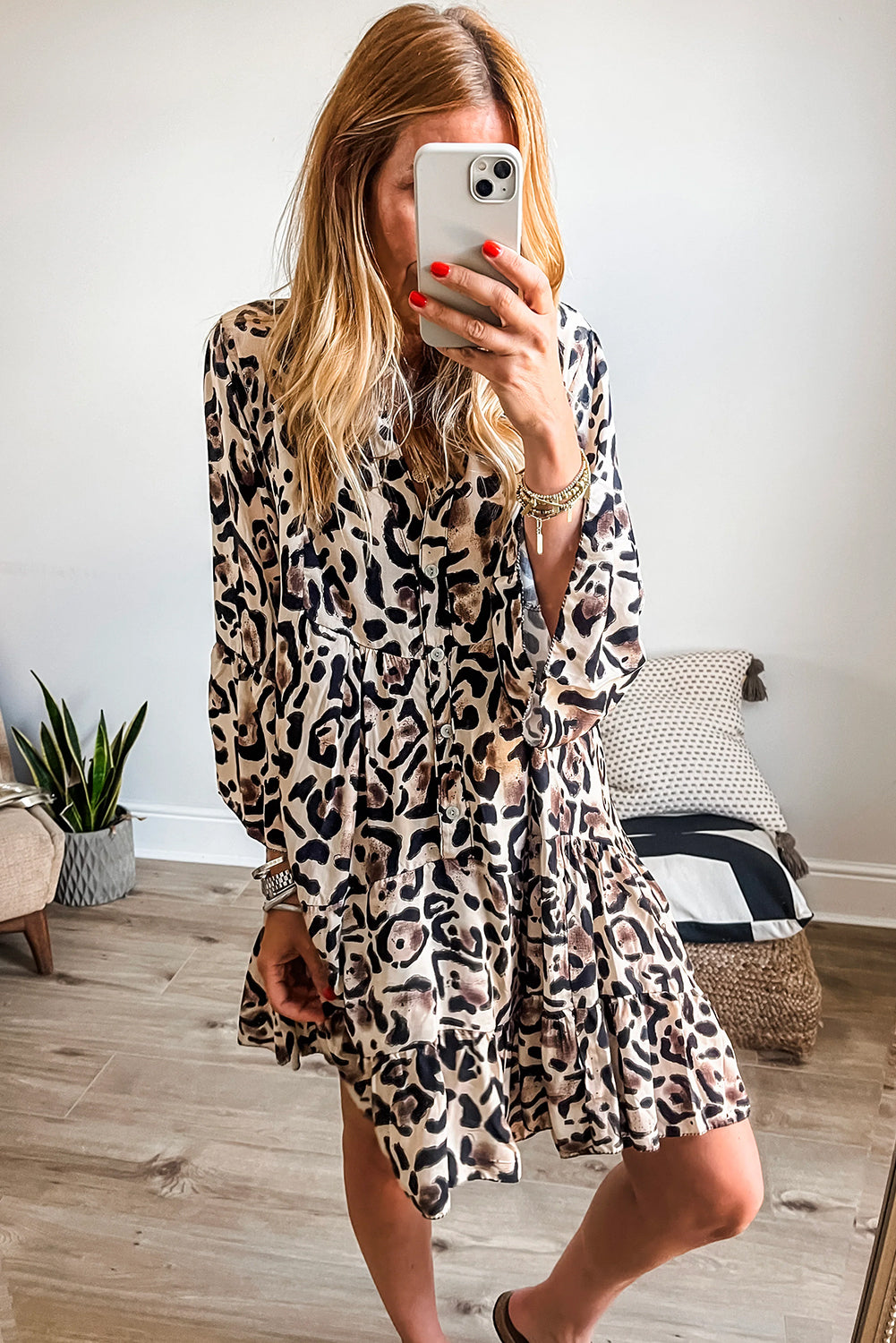 Black Leopard Print Buttoned Front 3/4 Sleeve Tiered Ruffled Hem Dress Mini Dresses JT's Designer Fashion