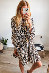 Black Leopard Print Buttoned Front 3/4 Sleeve Tiered Ruffled Hem Dress Mini Dresses JT's Designer Fashion