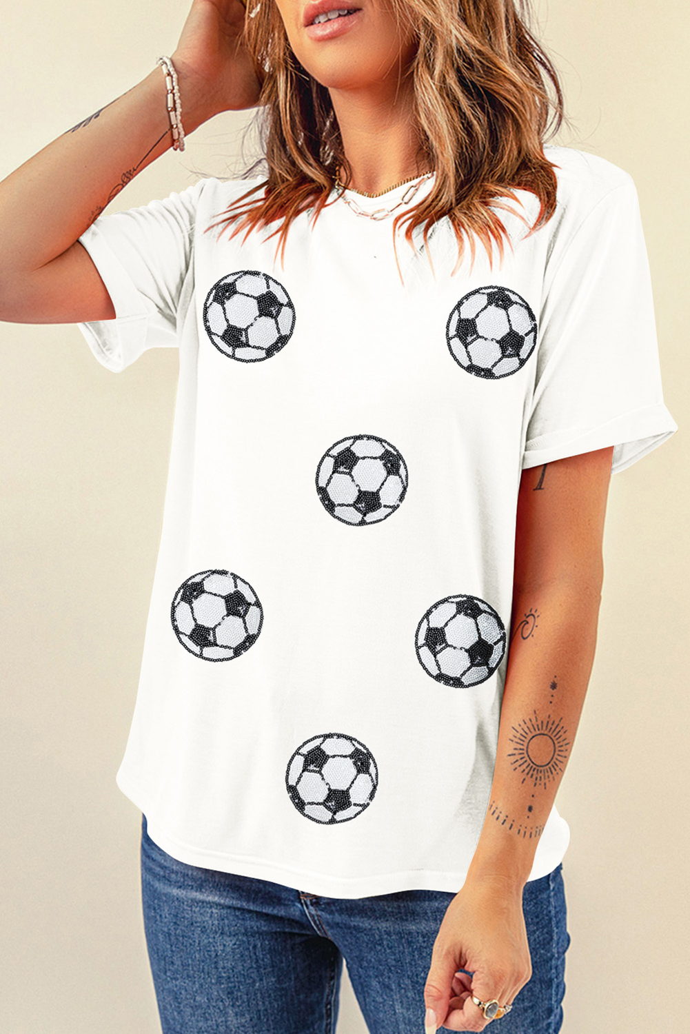 White Sequin Football Patched Graphic Game Day T Shirt Graphic Tees JT's Designer Fashion