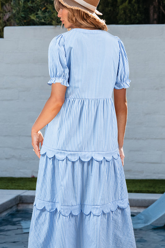 Sky Blue Stripe Bubble Short Sleeve Tiered Scallop Long Dress Maxi Dresses JT's Designer Fashion