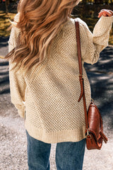 Parchment Loose Eyelet V Neck Drop Shoulder Sweater Sweaters JT's Designer Fashion