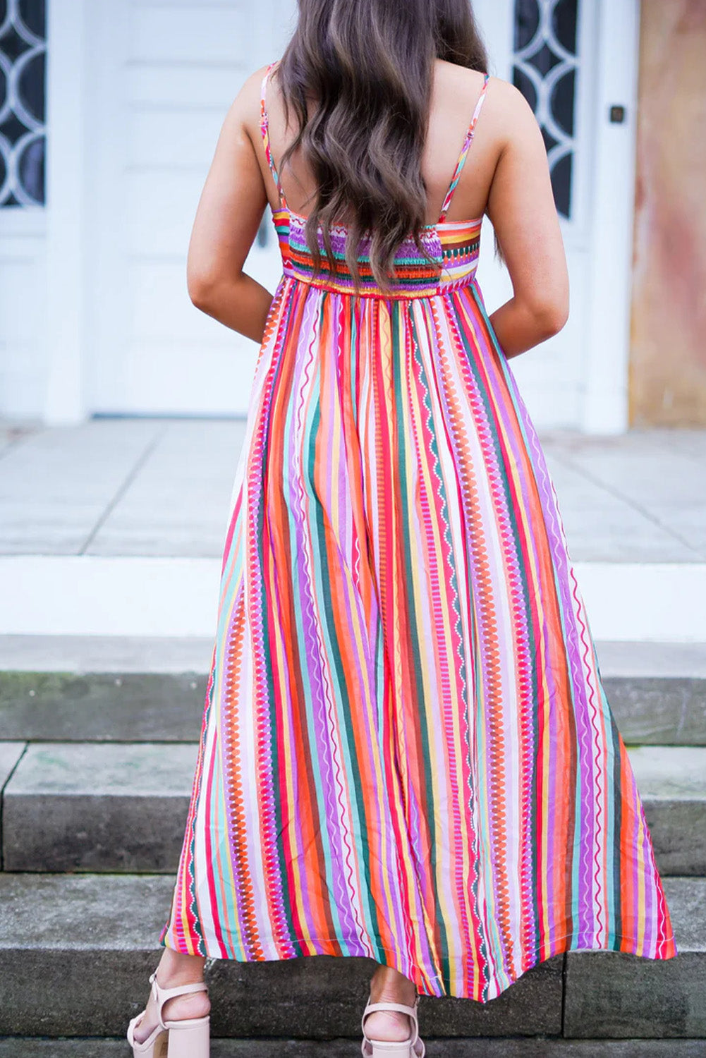 Multicolour Striped Thin Straps Smocked Back Boho Maxi Dress Dresses JT's Designer Fashion