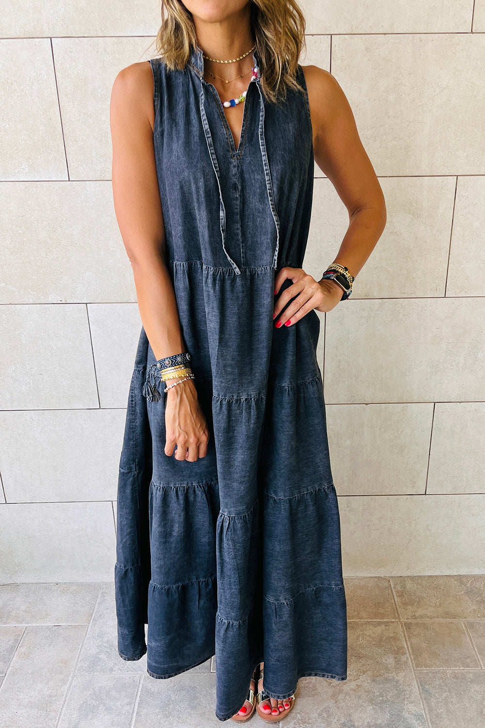 Real Teal Sleeveless Tiered Chambray Maxi Dress Dresses JT's Designer Fashion