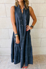 Real Teal Sleeveless Tiered Chambray Maxi Dress Dresses JT's Designer Fashion
