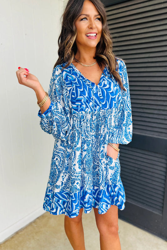 Sky Blue Bohemian Print Puff Sleeve Tied V Neck Flared Mini Dress Mini Dresses JT's Designer Fashion