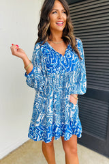 Sky Blue Bohemian Print Puff Sleeve Tied V Neck Flared Mini Dress Mini Dresses JT's Designer Fashion