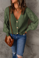 Green Bishop Sleeve Button V Neck Cardigan Sweater Cardigans JT's Designer Fashion